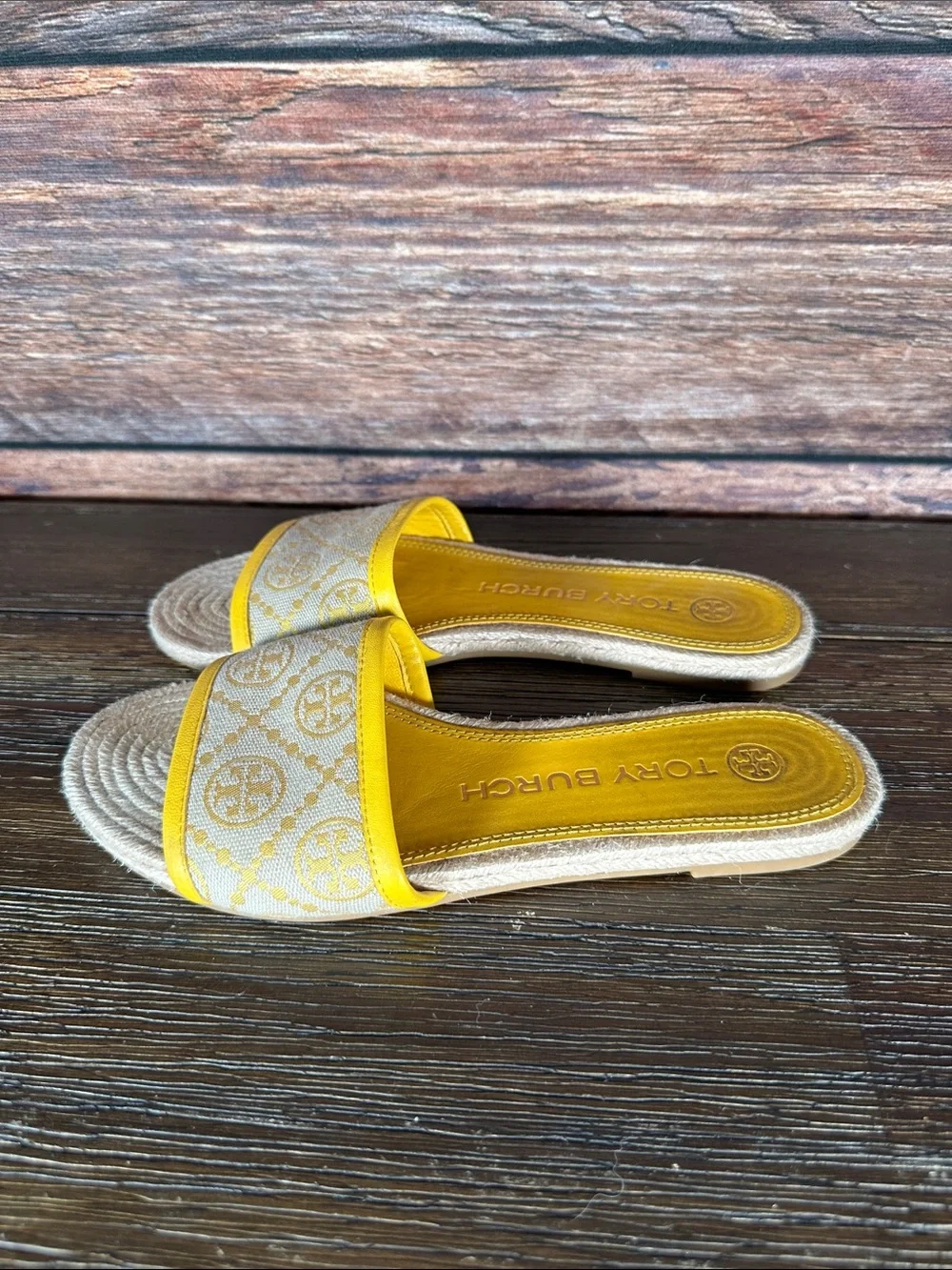 Tory Burch Yellow and Natural T monogram Espadrille Slide Mules